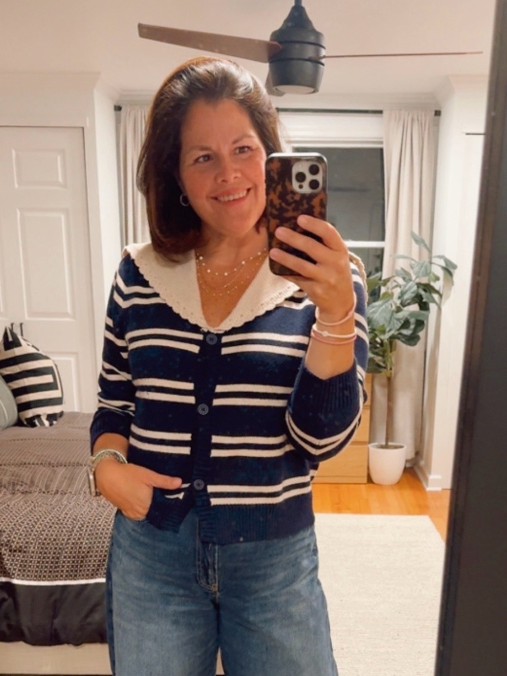 Navy Striped Sailor Collar Knit Cardigan Size M